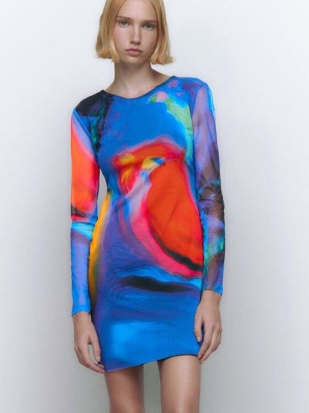 Zara multicolored tulle mesh long sleeve mini dress criss cross back size medium